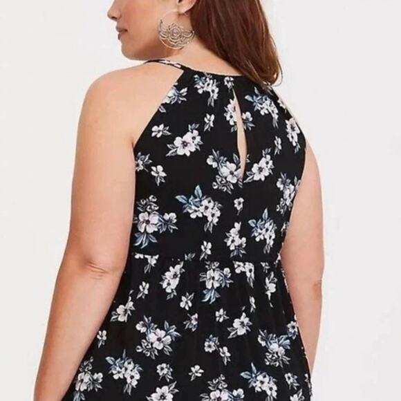 Torrid Size 1 1X Black Floral Print Baby Doll Tank Top Empire Waist Keyhole - Picture 6 of 6